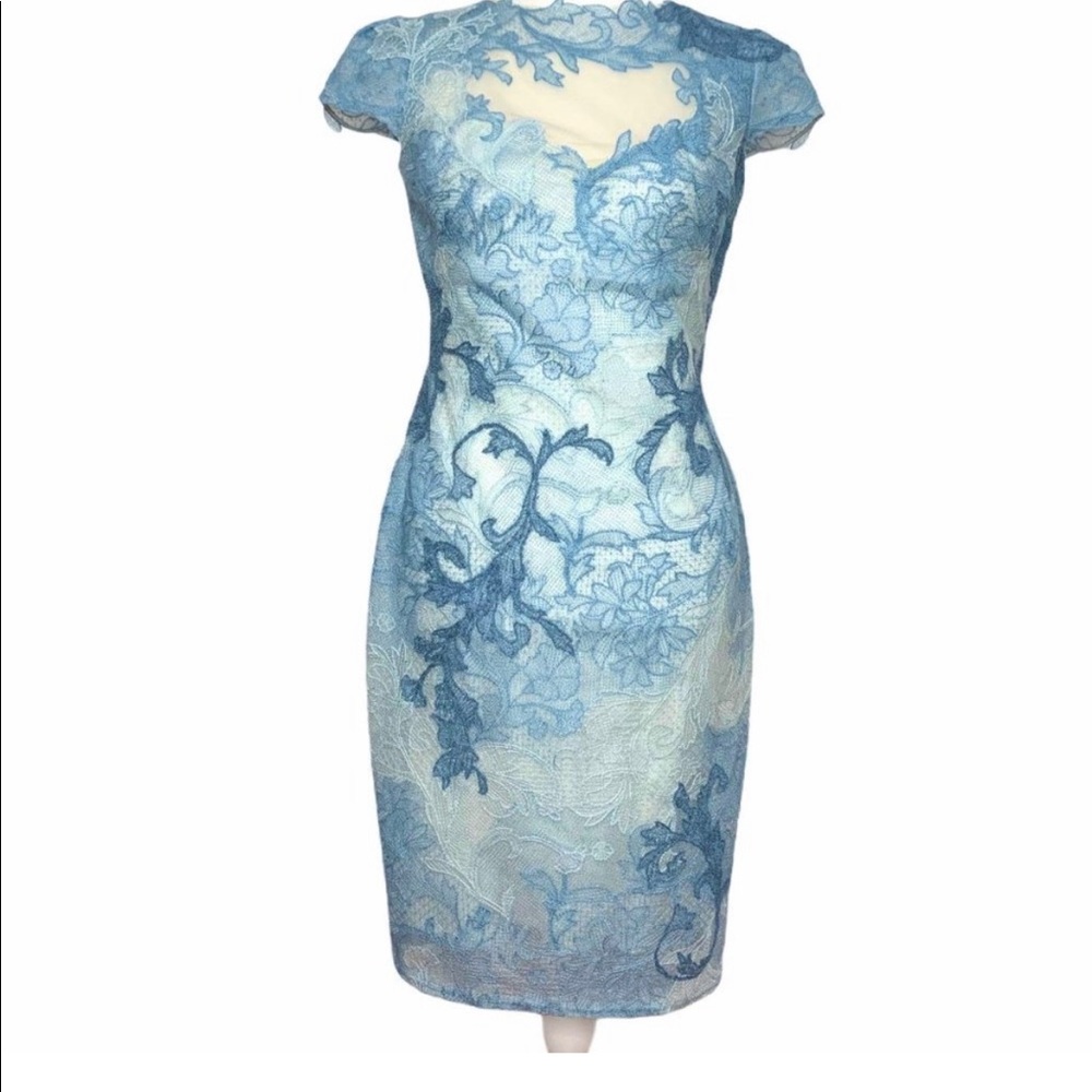 Tadashi Shoji size 2, blue lace bodycon dress